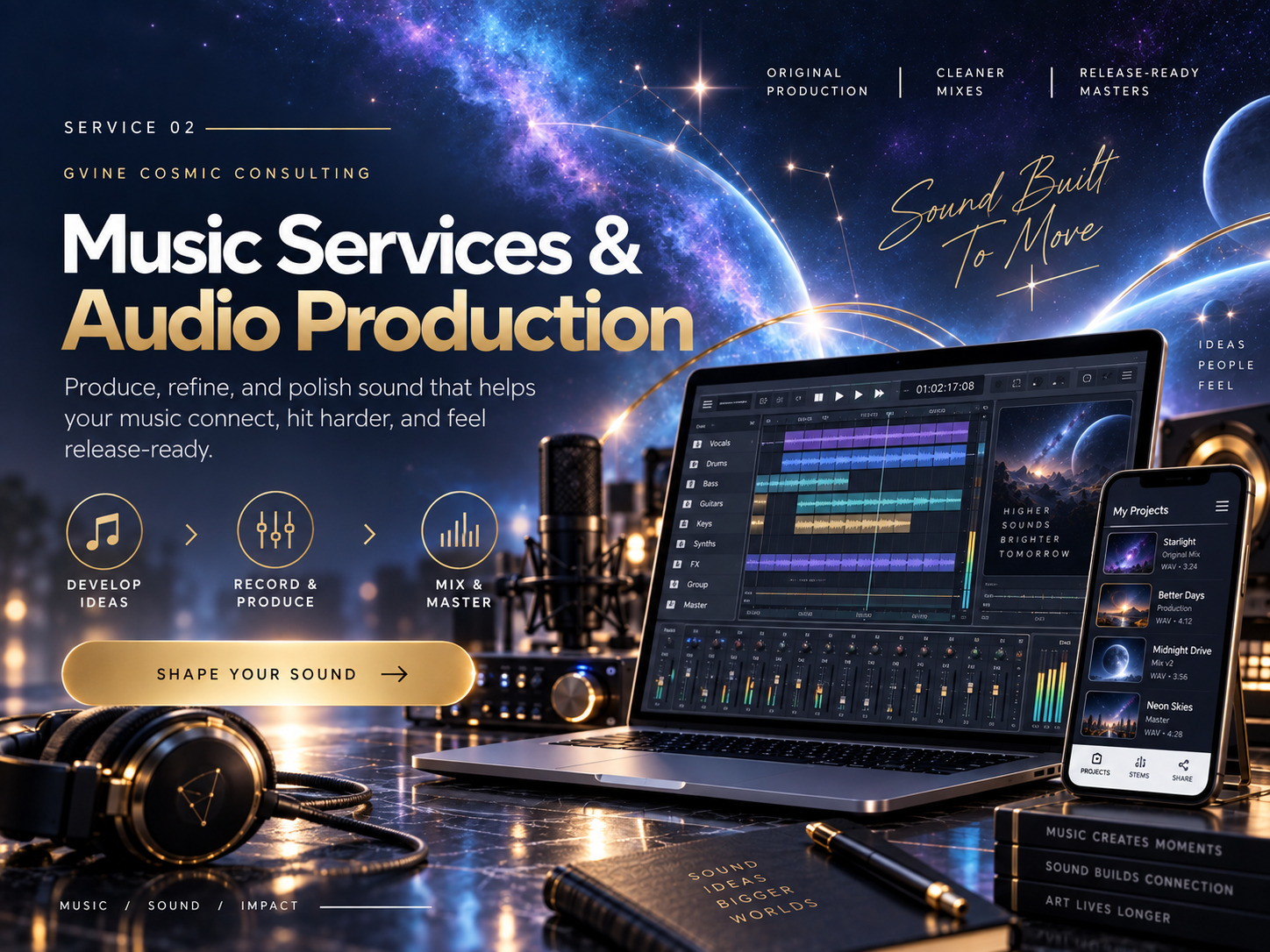 Illustration of music services & audio production, with cosmic studio artwork and fictional sample screens.