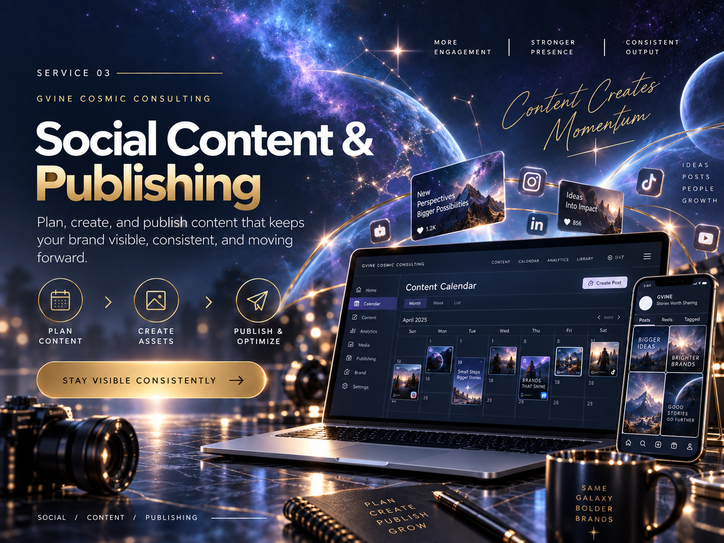 Illustration of social content & publishing, with cosmic studio artwork and fictional sample screens.