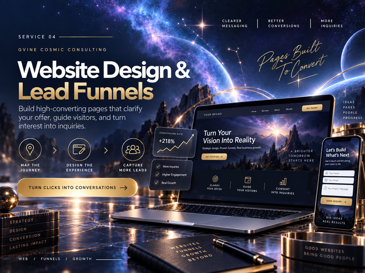 Illustration of website design & lead funnels, with cosmic studio artwork and fictional sample screens.
