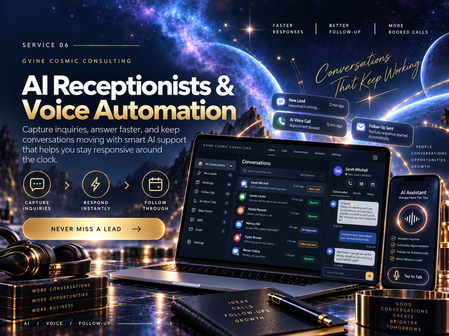 Illustration of ai receptionists & voice automation, with cosmic studio artwork and fictional sample screens.