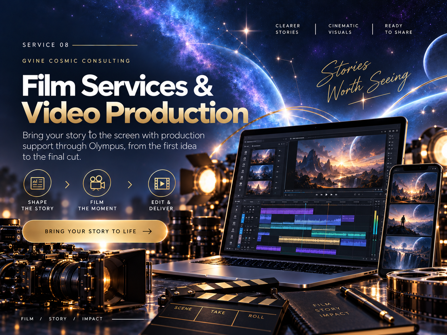 Illustration of Gvine film services and video production through Olympus, with a cinema camera, editing timeline, clapperboard, and cosmic artwork.